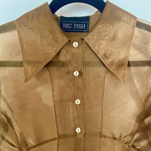 Vintage 90s bronze organza shirt, tailored fit, sheer. Size women’s Small.